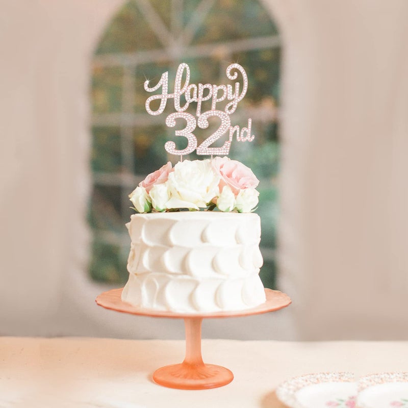 LASKYER Happy 32nd Birthday Rose Gold Rhinestone Cake Topper - 32nd Birthday/Anniversary,Cheers to 32 Years Old Bday Party Metal Sparkly Centerpieces Decorations. - Image 2